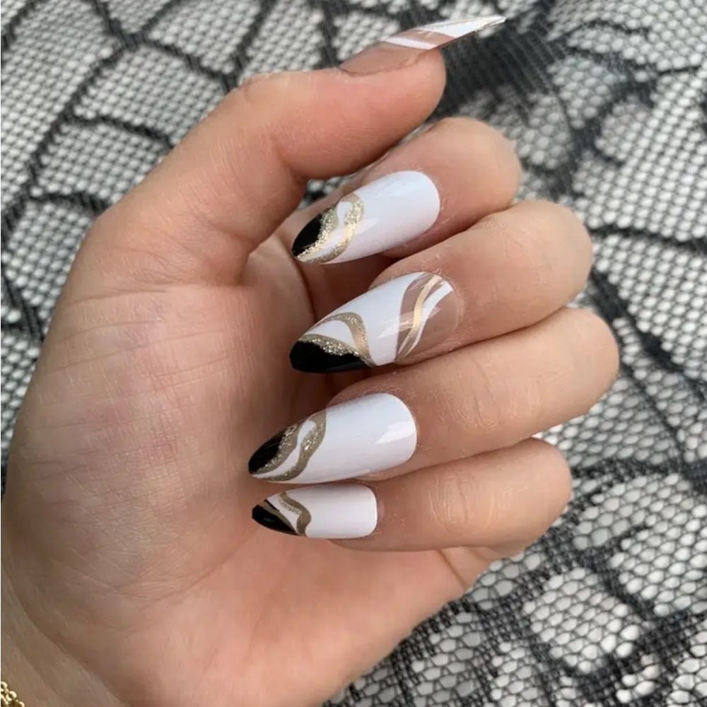 White Black Gold Almond Press On Nails